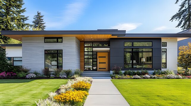 Modern Flat Roof House with Green Lawn / 緑の芝生があるモダンな陸屋根の住宅