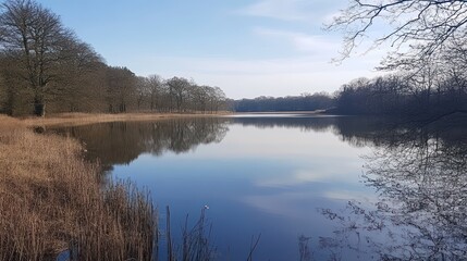 Fototapeta premium Tranquil lake scene reflects trees under a clear blue sky
