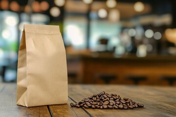 Craft paper bag for coffee beans mockup on a wooden table with a blurred background of a cafe interior
