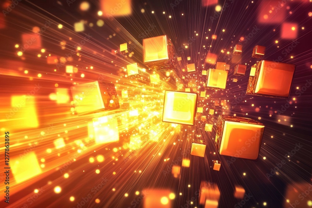 Poster glowing cubes exploding in dark space