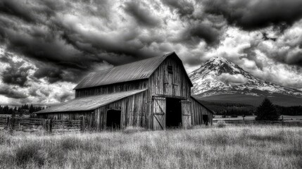 Obraz premium Old Barn in Yreka, California with Majestic Mount Shasta in the Background on a Clear Day, Rustic Farm Landscape with Snow-Capped Mountains