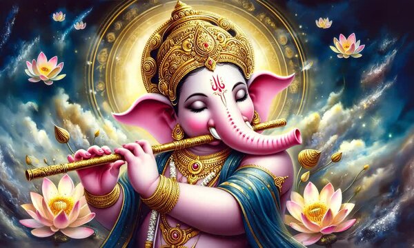 Spiritual art of lord ganesha playing flute among blossoming lotus flowers
