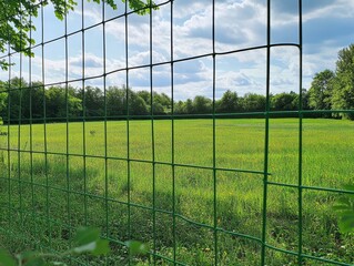 Sunny green meadow behind wire fence with bright blue sky and clouds