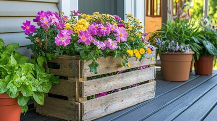 Colorful flowers in a wooden crate decorating an outdoor porch