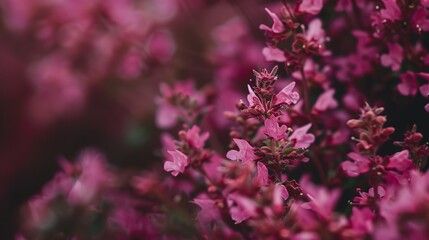Fototapeta premium Macro close-up of vibrant ornamental oregano blooms showcasing delicate petal textures in a lush botanical display
