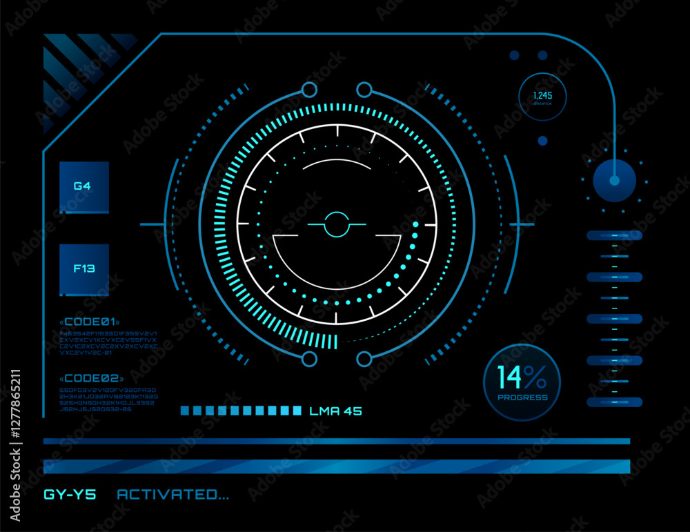 Poster futuristic head up display is showing progress, code information, radar and different metrics, with 