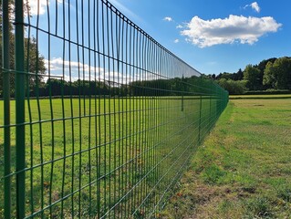 Fototapeta premium Sunny day at park with green wire fence and clear blue sky
