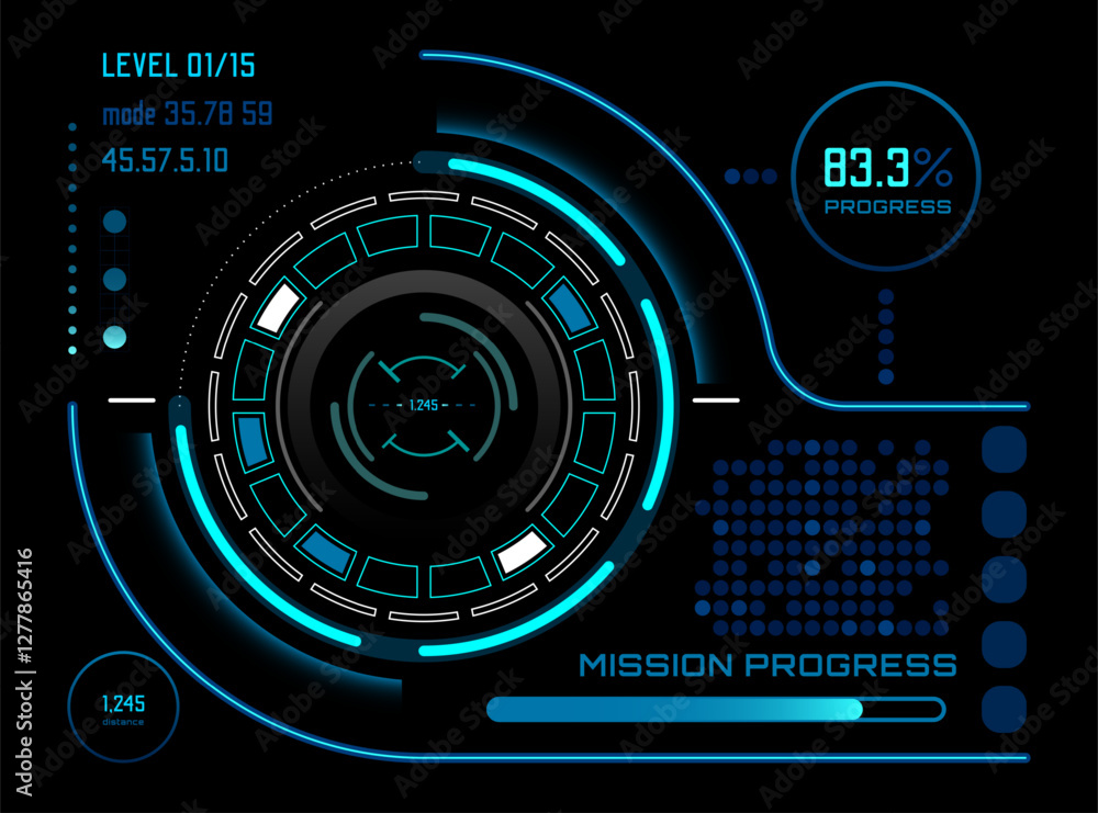 Poster futuristic head up display - hud - interface with glowing neon elements, showing mission progress, l