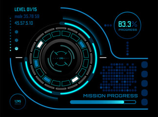 Futuristic head up display - HUD - interface with glowing neon elements, showing mission progress, level information, mode, and distance data on a dark background
