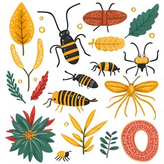 Cute Cartoon Insects and Floral Elements Collection.