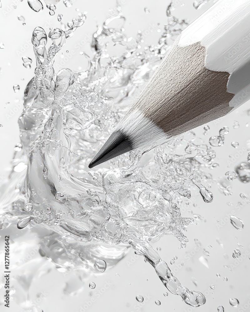 Poster abstract image of a pencil piercing through water, creating a splash; symbolic of creativity and ins