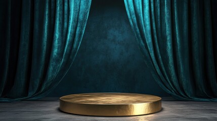 Golden platform stands before dark teal velvet curtains