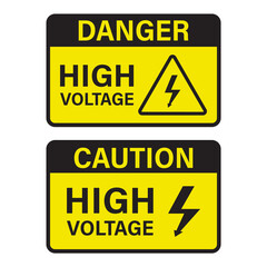 High voltage sign or poster set. Caution and danger signs isolated on white background. Two horizontal banners or stickers