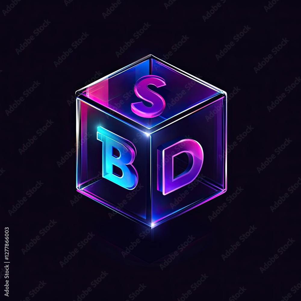Poster glowing 3d cube data storage; abstract background