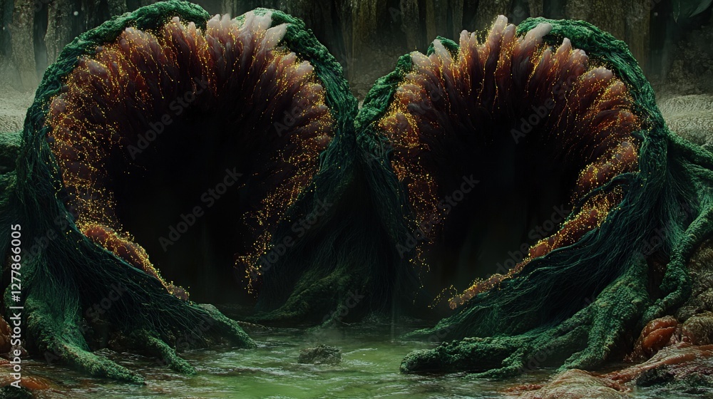 Poster artistic rendering of glowing neural connections in a dreamlike landscape with organic forms and viv