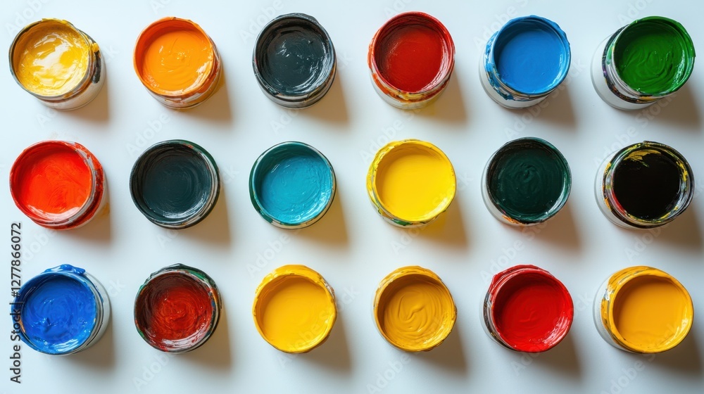 Poster aerial view of vibrant paint cans arranged in neat rows on white surface showcasing artistic colors 