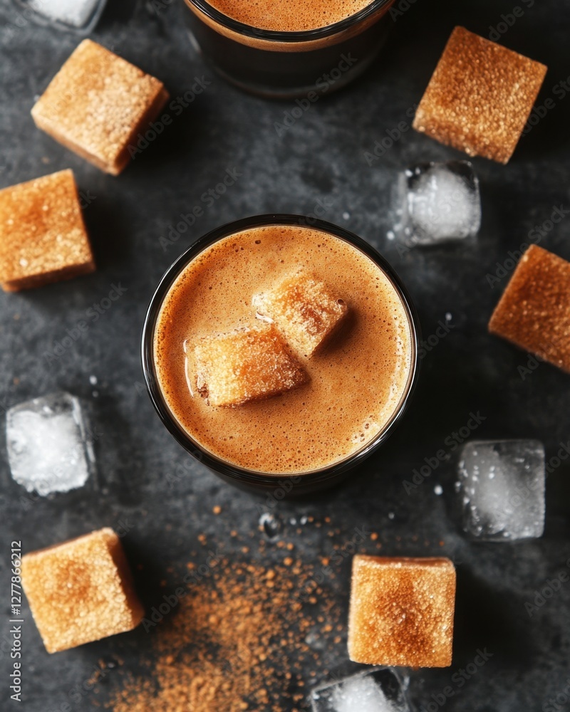Poster refreshing iced coffee with brown sugar cubes and ice on a dark stone surface creating a cool and in