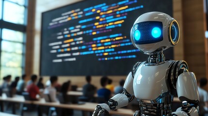 A futuristic classroom with a humanoid robot teaching programming. AI-driven, high-tech, and vibrant, showcasing the future of education and technology.