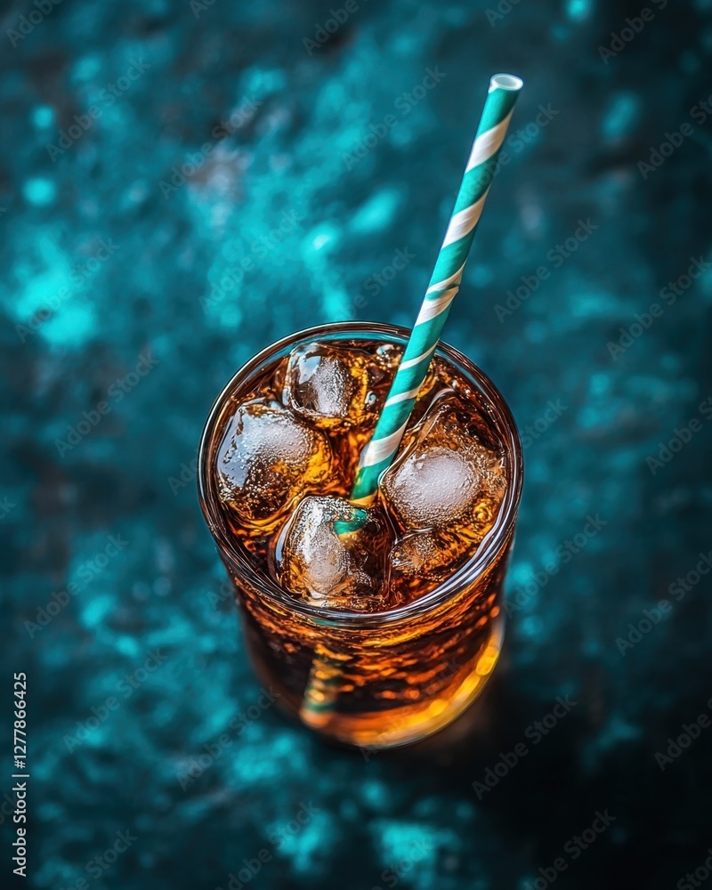 Poster refreshing cola drink with ice cubes and a striped straw on a textured teal background cool refreshm