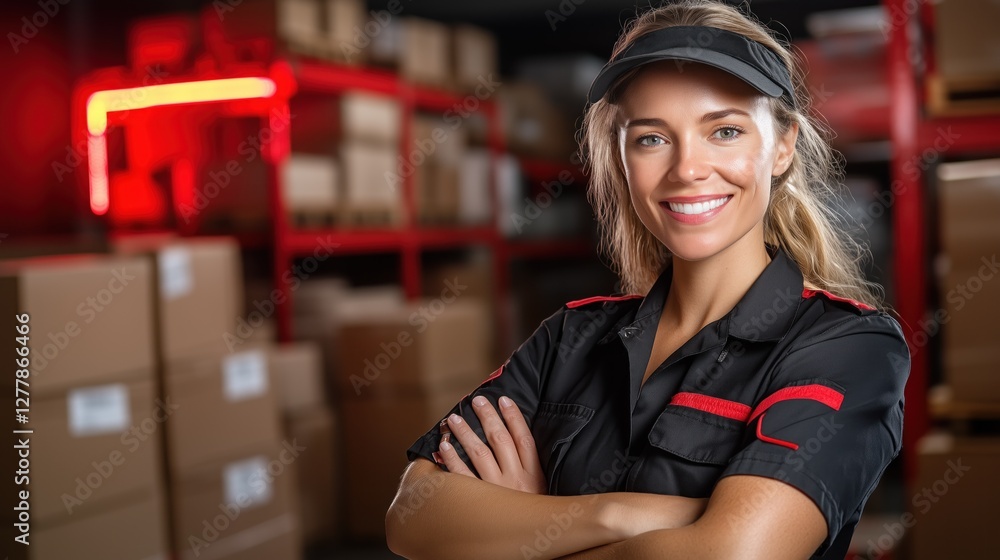 Poster warehouse worker stands proudly with arms crossed, smiling at the camera. background features shelve