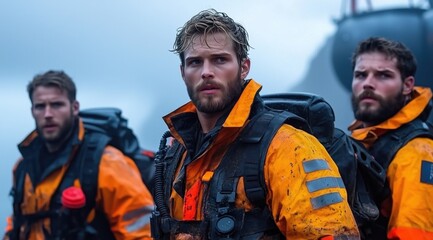 Fototapeta premium Three crew members wearing bright orange waterproof gear stand together, focused and determined. Dark clouds loom overhead, indicating an impending storm on the horizon