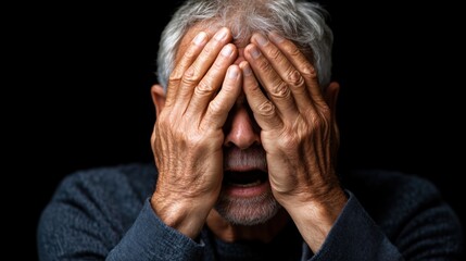Fototapeta premium elderly man visibly showing intense emotions by covering his face with hands, suggesting feelings of grief or distress in a dark setting. His expression reveals deep inner turmoil