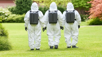 Three professionals clad in white protective suits walk across a grassy area in a park, possibly conducting a decontamination or safety procedure amidst greenery and landscaped bushes