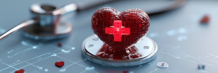 medical website design, a sleek d web banner with a glowing red cross, metallic stethoscope, pulsating heart symbol, and medical icons on a blue gradient background