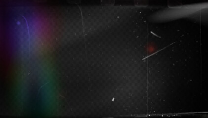 Old film texture with grain noise, scratches and dust particles on transparent background. Realistic vintage distressed movie overlay with light leaks and dark vignette edges for retro photo effects.