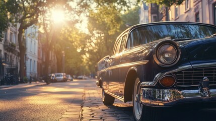 Vintage car parked on sunlit cobblestone street in urban setting at sunset