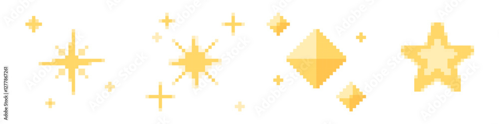 Poster pixel stars set - glowing yellow shapes in different geometric forms, sparkles and luminous crosses 