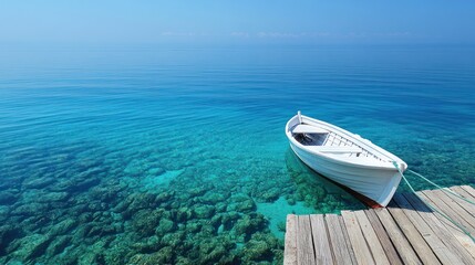 Fototapeta premium Serene white boat rests on calm turquoise water by dock