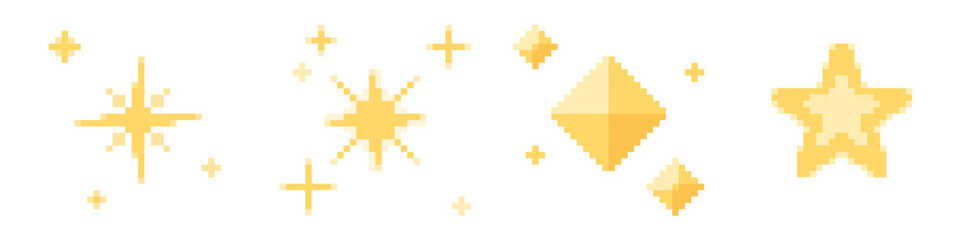 Pixel stars set - glowing yellow shapes in different geometric forms, sparkles and luminous crosses for space arcade game design. 8-bit digital elements. Retro style bright pixelated objects.