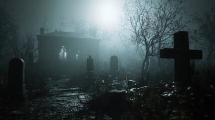 Misty Old Cemetery with Tombstones at Night