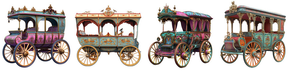 Fototapeta premium Set of a colorful Victorian-style carriage with wheels, isolated on a transparent background.