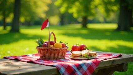 A delightful picnic basket filled with fresh fruit and vegetables sits on a checkered tablecloth, alongside freshly made sandwiches, ready for a relaxing outdoor meal in a sun-drenched park.