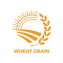 Stylized circular icon representing a wheat field under a shining sun, with grain stalks forming a decorative frame, symbolizing agriculture, farming, and the production of wheat grain © Tartila