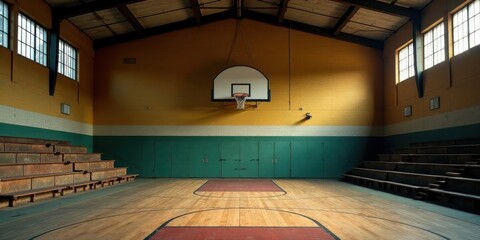 A deserted indoor basketball court with wooden bleachers and a single hoop