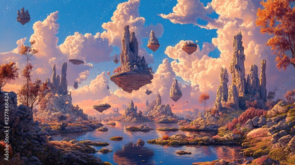 Poster surreal landscape with floating islands and colorful clouds at dusk