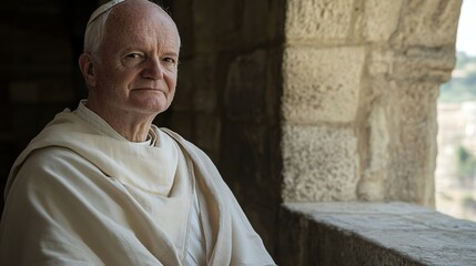 Fototapeta premium Serene elderly man in papal attire sitting in a quiet chapel, symbolizing spiritual and physical well-being, representing peace and contemplation.