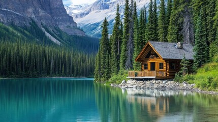 Fototapeta premium Log cabin nestled on the shore of a tranquil lake