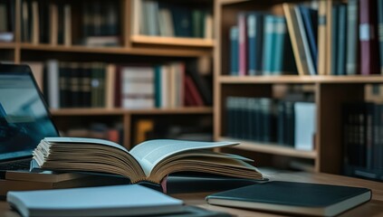 Open Book on Desk near Laptop and Bookshelves: A Study of Knowledge and Learning Resources