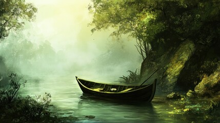 A small wooden boat rests on calm waters amidst nature