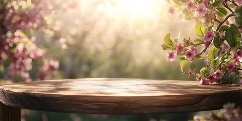 Spring background with a wooden table and le blossoms in a garden, a blurred green spring forest 