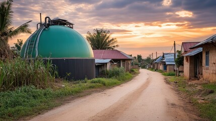 Green biogas digester stands near a rural village street