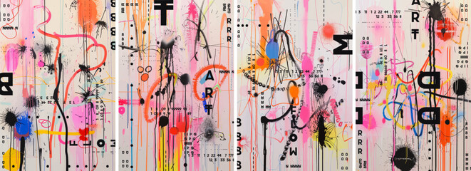 Abstract vector modern cover. Colorful backdrop with black accents, splashes of colors and paint spots. Posters with brush strokes and textures to create an artistic background for design projects.
