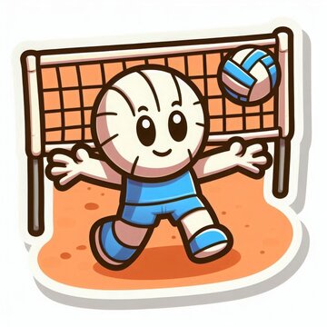 Cute cartoon volleyball character in blue uniform playing on a court with net and ball