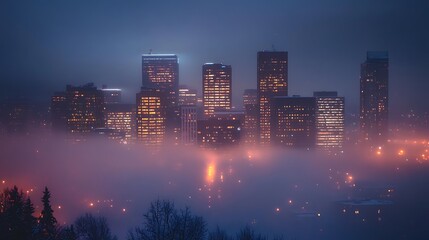 Fototapeta premium City Skyline Emerging From Fog at Night with Warm Lights Glowing