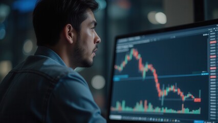 Economic Uncertainty Market Volatility concept. Man analyzing financial data on a computer screen with stock market graphs.