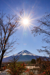 煌めく太陽と富士山の風景